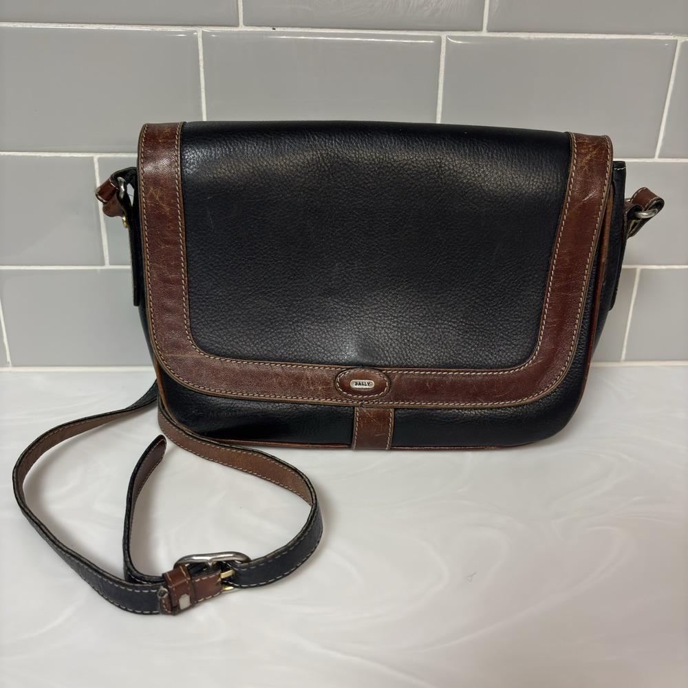 Bally Crossbody Bag Purse Black & Brown Leather Silver Hardware Vintage